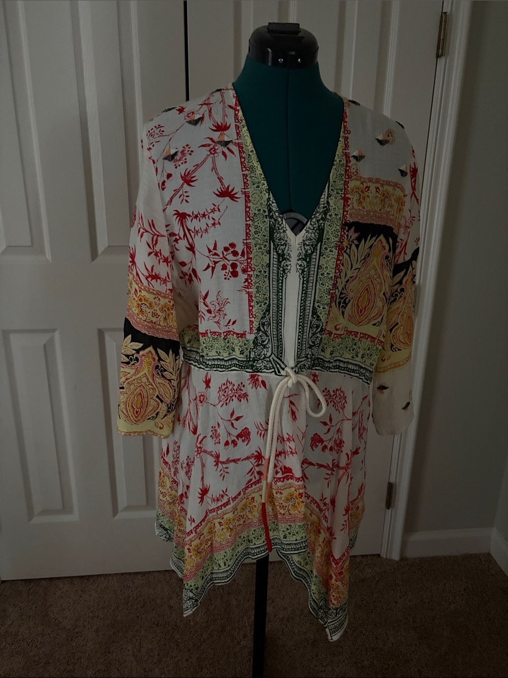 Printed V-Neck Tie-Front Tunic Top - White with Red & Green